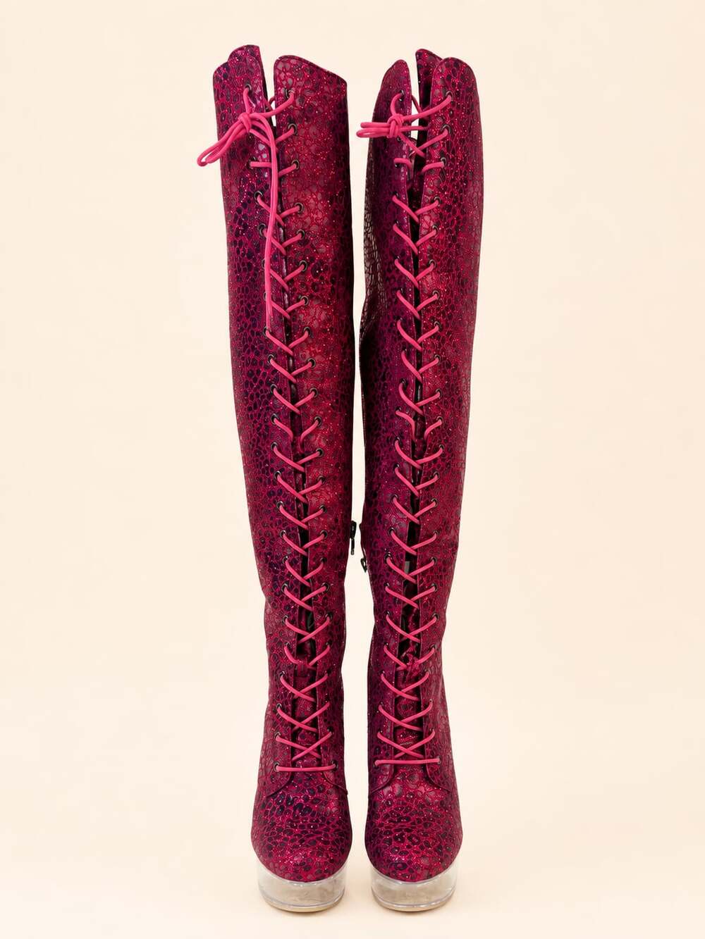 Bulls Purple Glitter Leopard Print OTK Clear Platform High Heel Thigh Boots